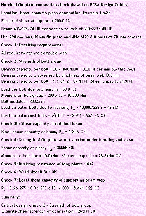 Typical ProSteel fin plate connection calculation