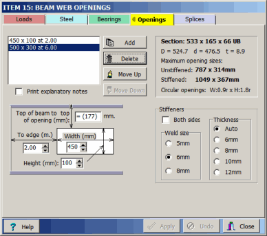 Beam web opening edit dialog