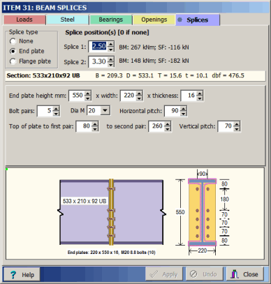 Beam edit dialog splice page
