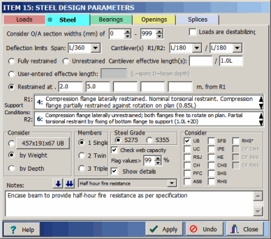 Steel beam design parameters