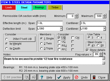 Steel beam design parameters