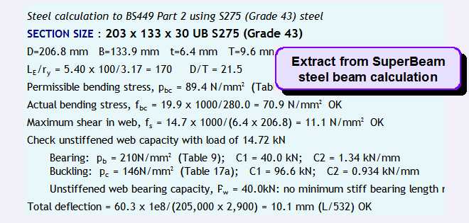 Extract from SuperBeam steel beam calculation